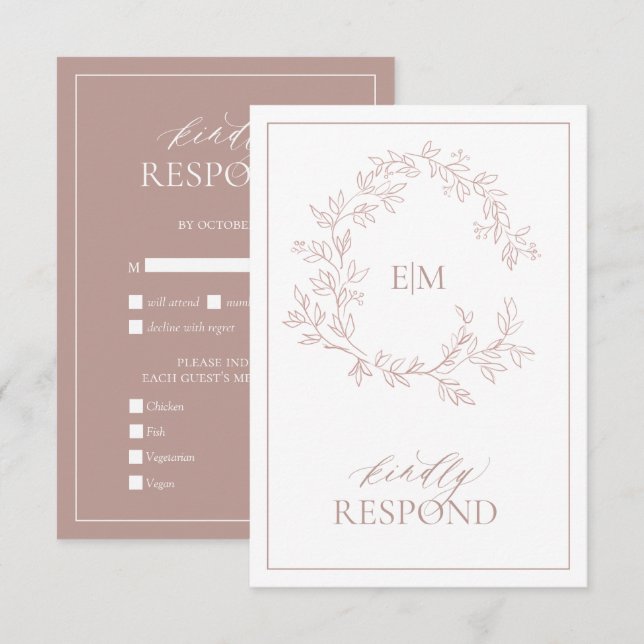 Dusty Rose Leafy Crest Monogram Wedding RSVP Card (Front/Back)