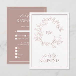 Dusty Rose Leafy Crest Monogram Wedding RSVP Card