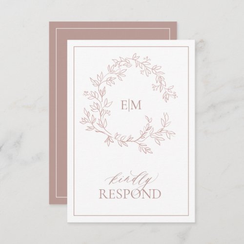 Dusty Rose Leafy Crest Monogram Wedding RSVP Card