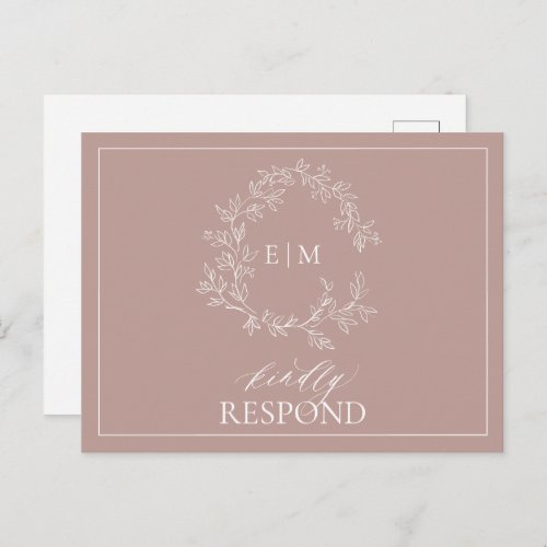 Dusty Rose Leafy Crest Monogram Wedding RSVP Invitation Postcard