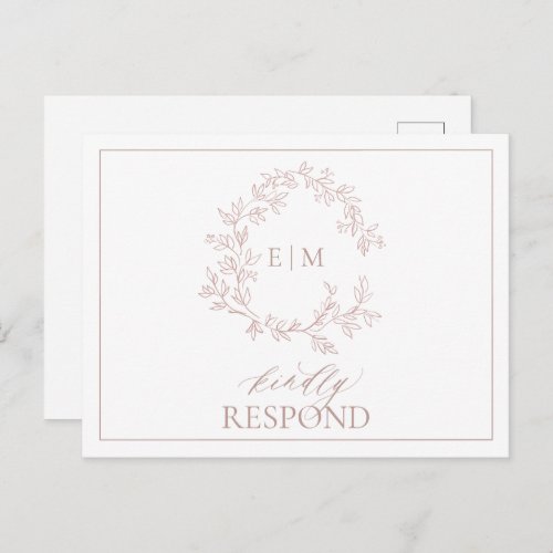 Dusty Rose Leafy Crest Monogram Wedding RSVP Invitation Postcard