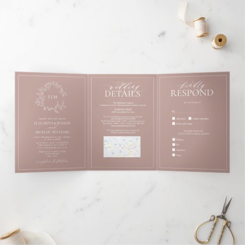 Dusty Rose Leafy Crest Monogram Wedding Tri_Fold Invitation