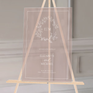 Dusty Rose Leafy Crest Monogram Welcome Wedding Acrylic Sign