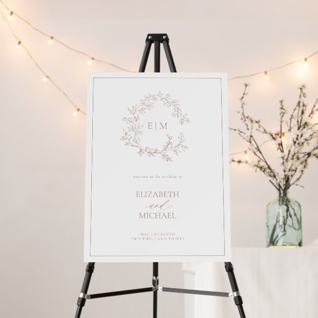Dusty Rose Leafy Crest Monogram Welcome Wedding Foam Board (In Situ (Stand))