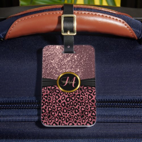 Dusty Rose Leopard Skin and Glitter _ Monogram Luggage Tag