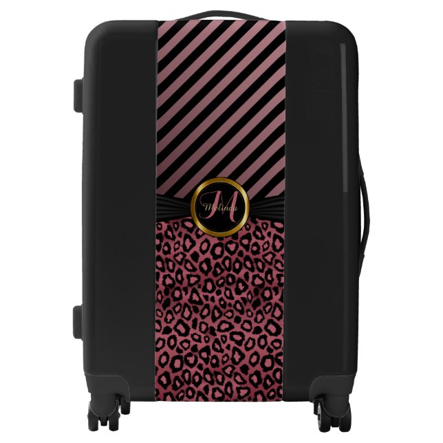 Dusty Rose Leopard Skin and Stripes - Monogram Luggage (Front)