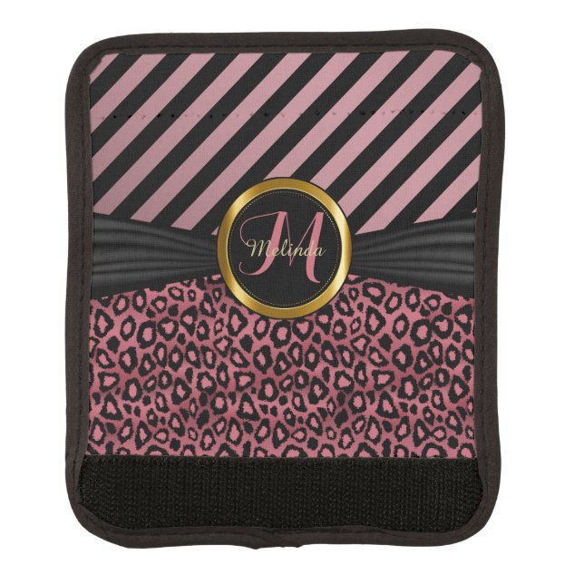 Dusty Rose Leopard Skin and Stripes - Monogram Luggage Handle Wrap (Front)