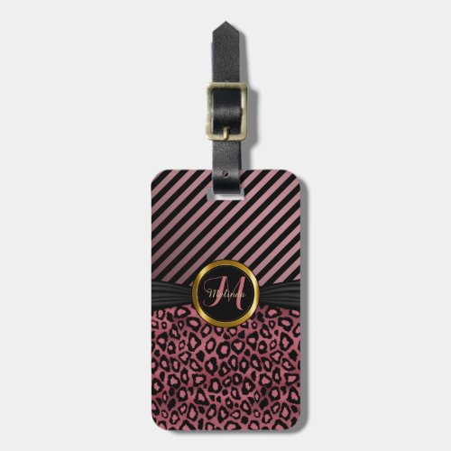 Dusty Rose Leopard Skin and Stripes _ Monogram Luggage Tag