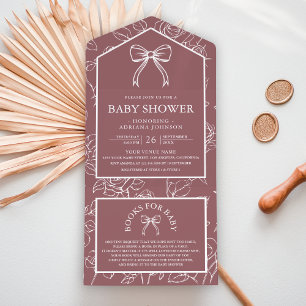 Dusty Rose Line Art Coquette Bow Baby Shower All In One Invitation