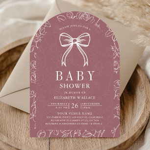 Dusty Rose Line Art Coquette Bow Baby Shower Invitation