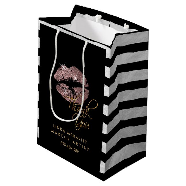 Dusty Rose Lipstick & White Stripes - Thank You Medium Gift Bag (Back Angled)