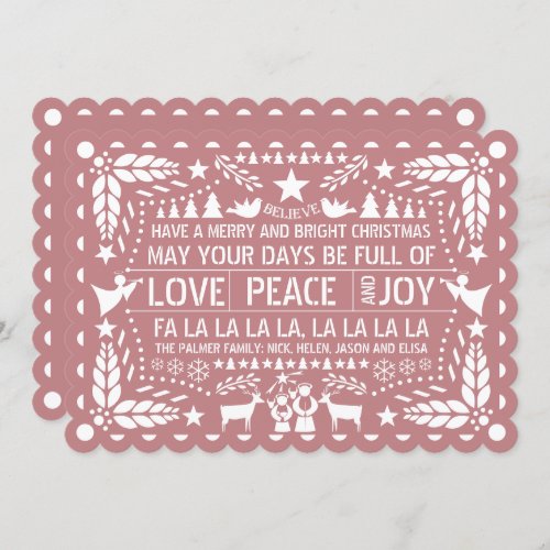 Dusty rose Love Peace Joy papel picado Christmas Holiday Card