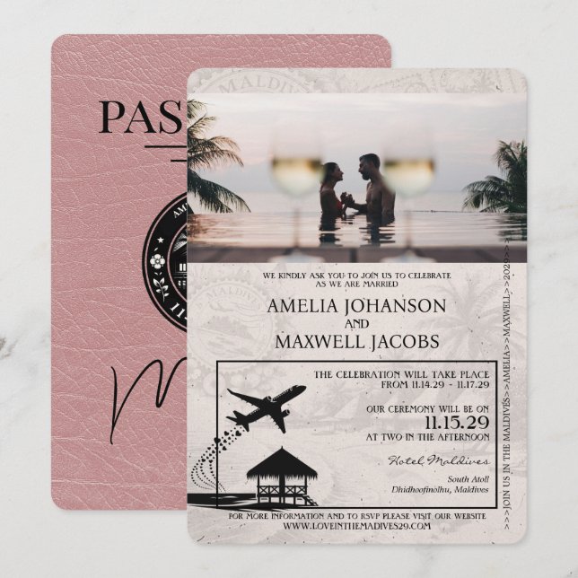 Dusty Rose Maldives Passport Wedding Invitation (Front/Back)
