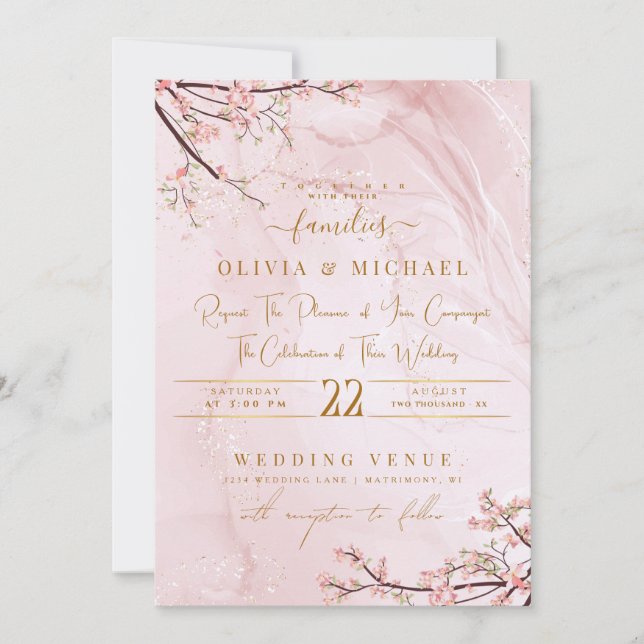 DUSTY ROSE MARBLE GOLD ABSTRACT FLORALS WEDDING INVITATION (Front)