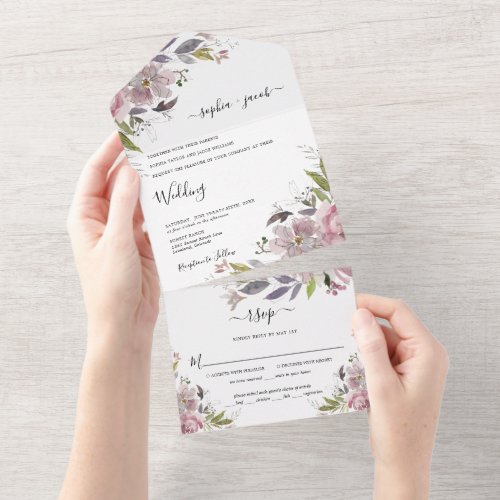 Dusty Rose Mauve Blush Pink Floral Wedding All In One Invitation