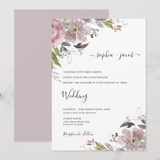 Dusty Rose Mauve Blush Pink Floral Wedding Invitation (Front/Back)