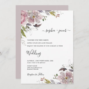 Dusty Rose Mauve Blush Pink Floral Wedding Invitation