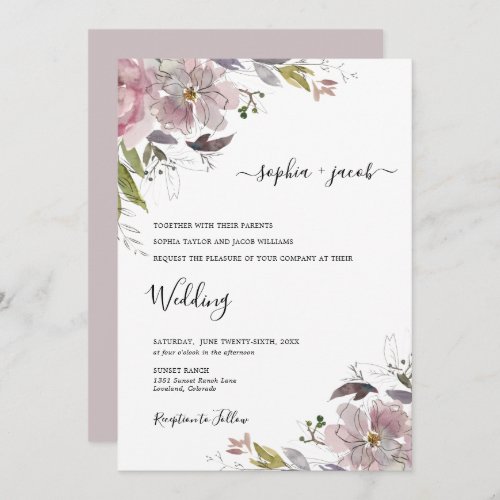 Dusty Rose Mauve Blush Pink Floral Wedding Invitation