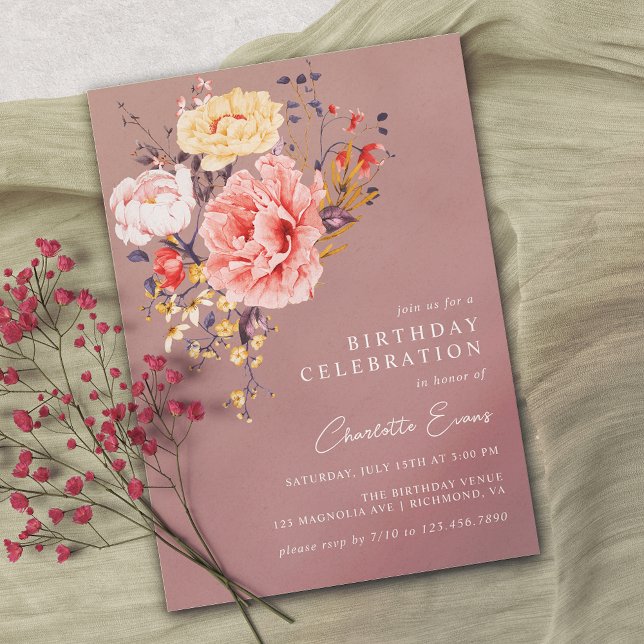 Dusty Rose Mauve | Elegant Boho Floral Birthday Invitation (Creator Uploaded)