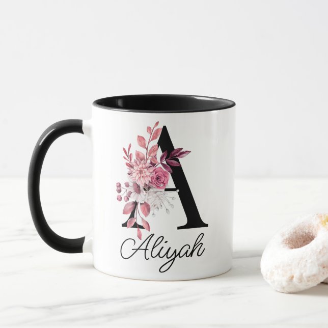 Dusty Rose Mauve Floral Letter A Monogram Mug (With Donut)