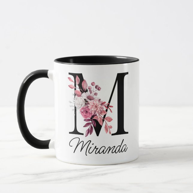 Dusty Rose Mauve Floral Letter M Monogram Initial Mug (Left)