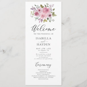 Dusty Rose Mauve Floral Rustic Watercolor Wedding Program