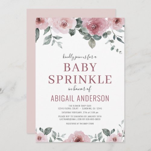 Dusty Rose Mauve Floral Watercolor Baby Shower Invitation