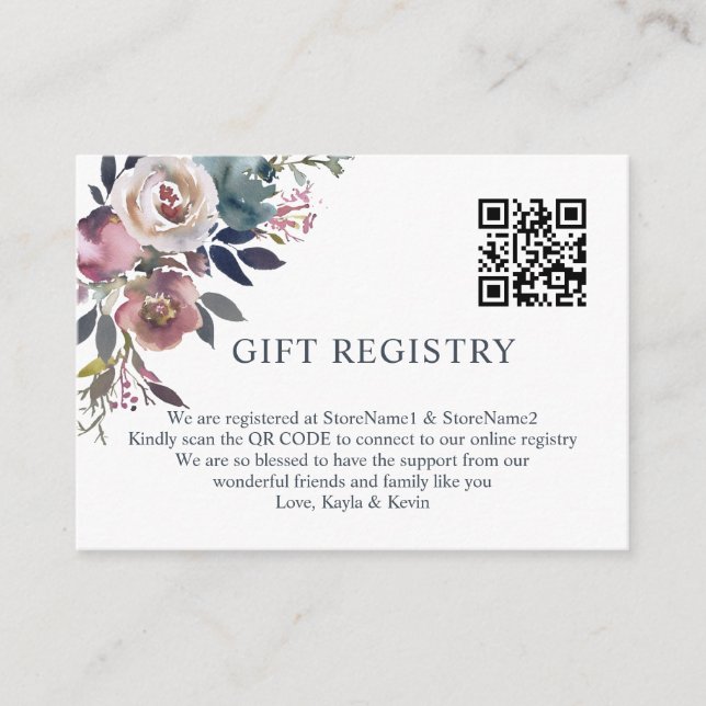 Dusty Rose Mauve Navy Blue QR code GIFT Registry Enclosure Card (Front)