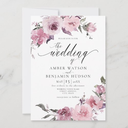 Dusty Rose Mauve Pink Blush Floral Wedding Invitation