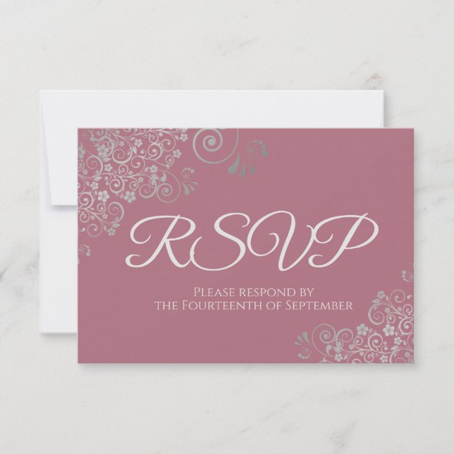 Dusty Rose Mauve Pink Elegant Silver Lace Wedding RSVP Card (Front)