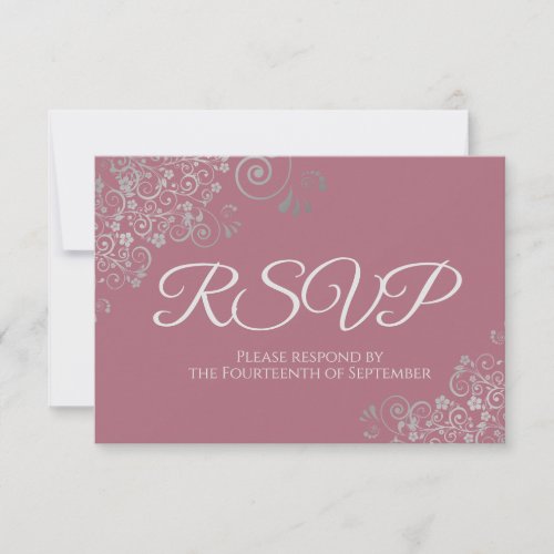 Dusty Rose Mauve Pink Elegant Silver Lace Wedding RSVP Card