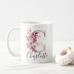 Dusty Rose Mauve Pink Floral Monogram Letter C Coffee Mug