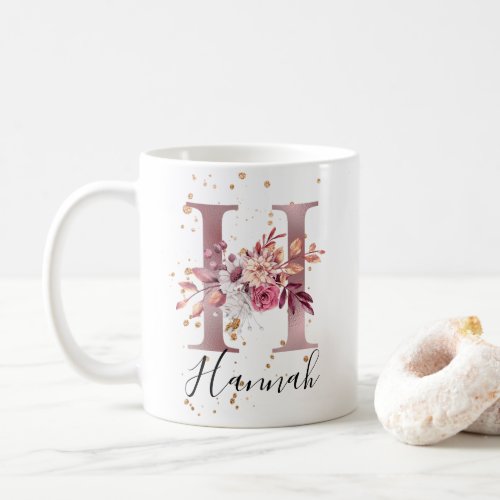 Dusty Rose Mauve Pink Floral Monogram Letter H Coffee Mug