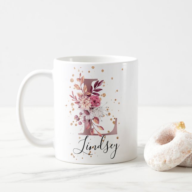 Dusty Rose Mauve Pink Floral Monogram Letter L Coffee Mug (With Donut)