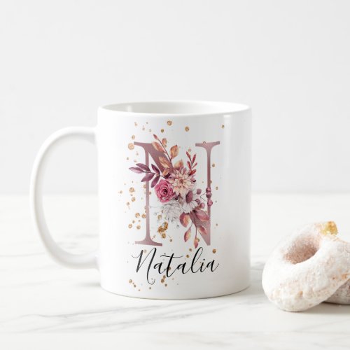 Dusty Rose Mauve Pink Floral Monogram Letter N Coffee Mug