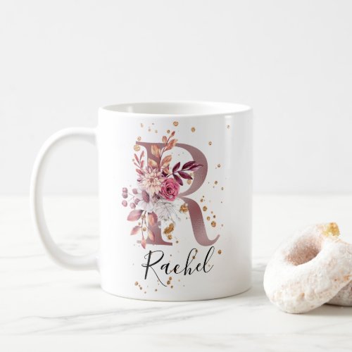 Dusty Rose Mauve Pink Floral Monogram Letter R Coffee Mug