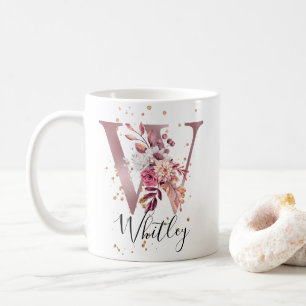 Dusty Rose Mauve Pink Floral Monogram Letter W Coffee Mug