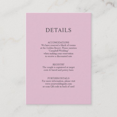 Dusty Rose Mauve QR code Wedding DETAILS Enclosure Card