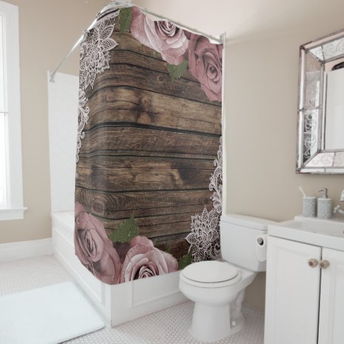 Dusty Rose Mauve Roses Floral Lace Wood Rustic Shower Curtain