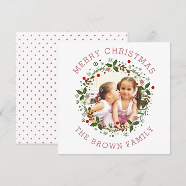 Dusty rose Merry Christmas, floral wreath photo Holiday Card (Front/Back)