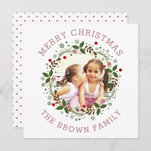 Dusty rose Merry Christmas floral wreath photo Holiday Card