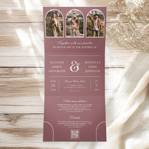 Dusty Rose Minimal Arch Photo QR code Wedding Tri-Fold Invitation