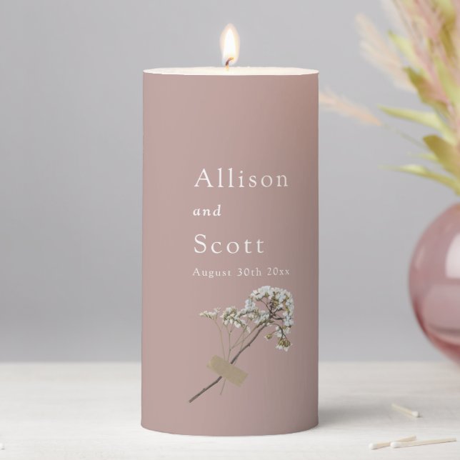 Dusty Rose Minimalist Hand Press Floral Wedding Pillar Candle (In Situ)