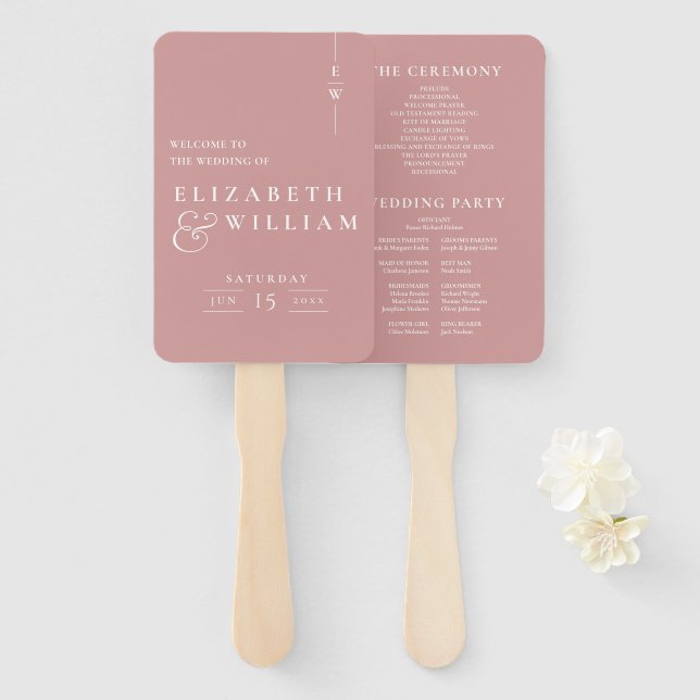 Dusty Rose Minimalist Monogram Wedding Program Hand Fan (Front and Back)
