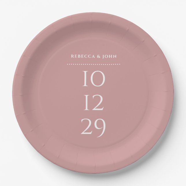 Dusty Rose Minimalist Special Date Wedding Paper Plates (Front)