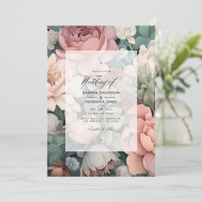 Dusty Rose, Mint Green, and Blush Floral Wedding Invitation (Standing Front)