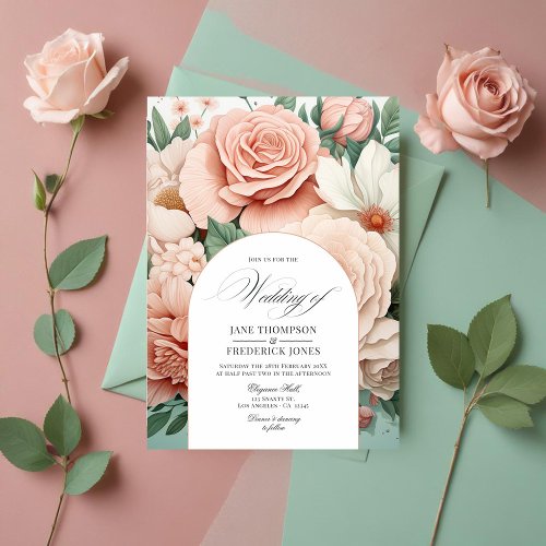 Dusty Rose Mint Green and Blush Floral Wedding Invitation