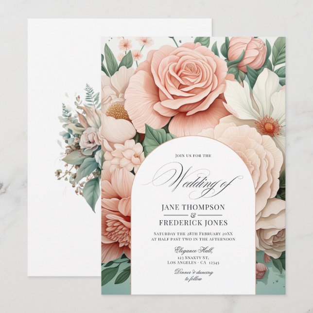 Dusty Rose, Mint Green, and Blush Floral Wedding Invitation (Front/Back)