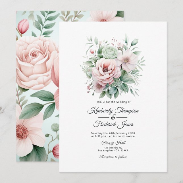 Dusty Rose, Mint Green, and Blush Floral Wedding Invitation (Front/Back)