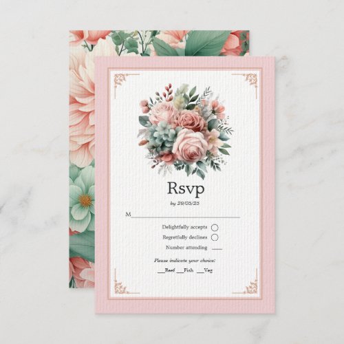 Dusty Rose Mint Green and Blush Floral Wedding RSVP Card